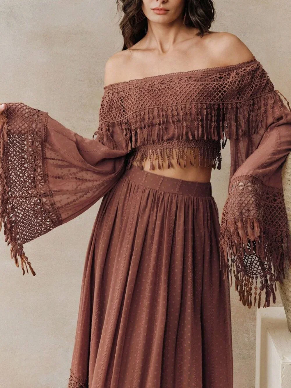 Boho brown Women's Off Shoulder fringe deailed top w/ skirt 2-Piece Set - Picture 4 of 7